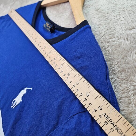 Polo Ralph Lauren Big Pony Spellout Logo T-Shirt Blue White Colorblock Mens Sz L - Picture 5 of 10
